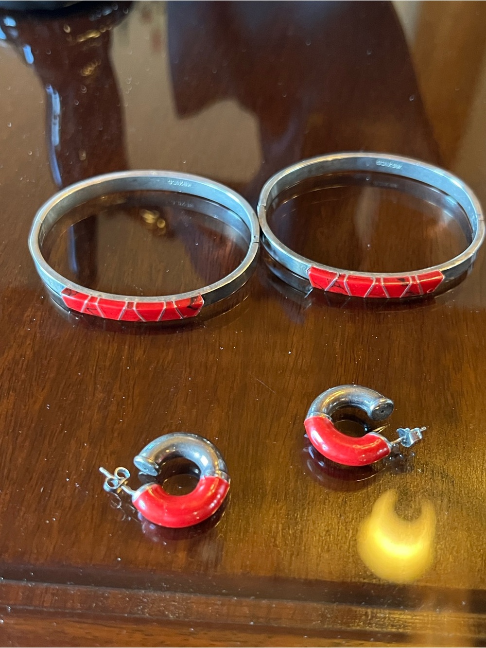 Old Mexico Sterling and Red Jasper Hinged Bangle w/ Earrings
